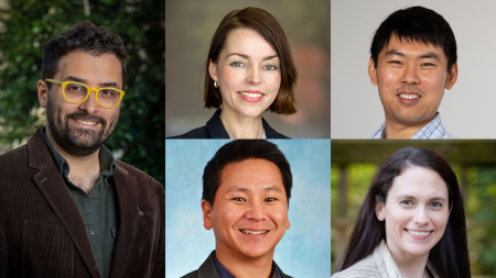 Six-photo collage with head shots of: Wubin Bai, Stephanie DeGooyer, Julia Rager, Carol Rodriguez and Mark Shen.